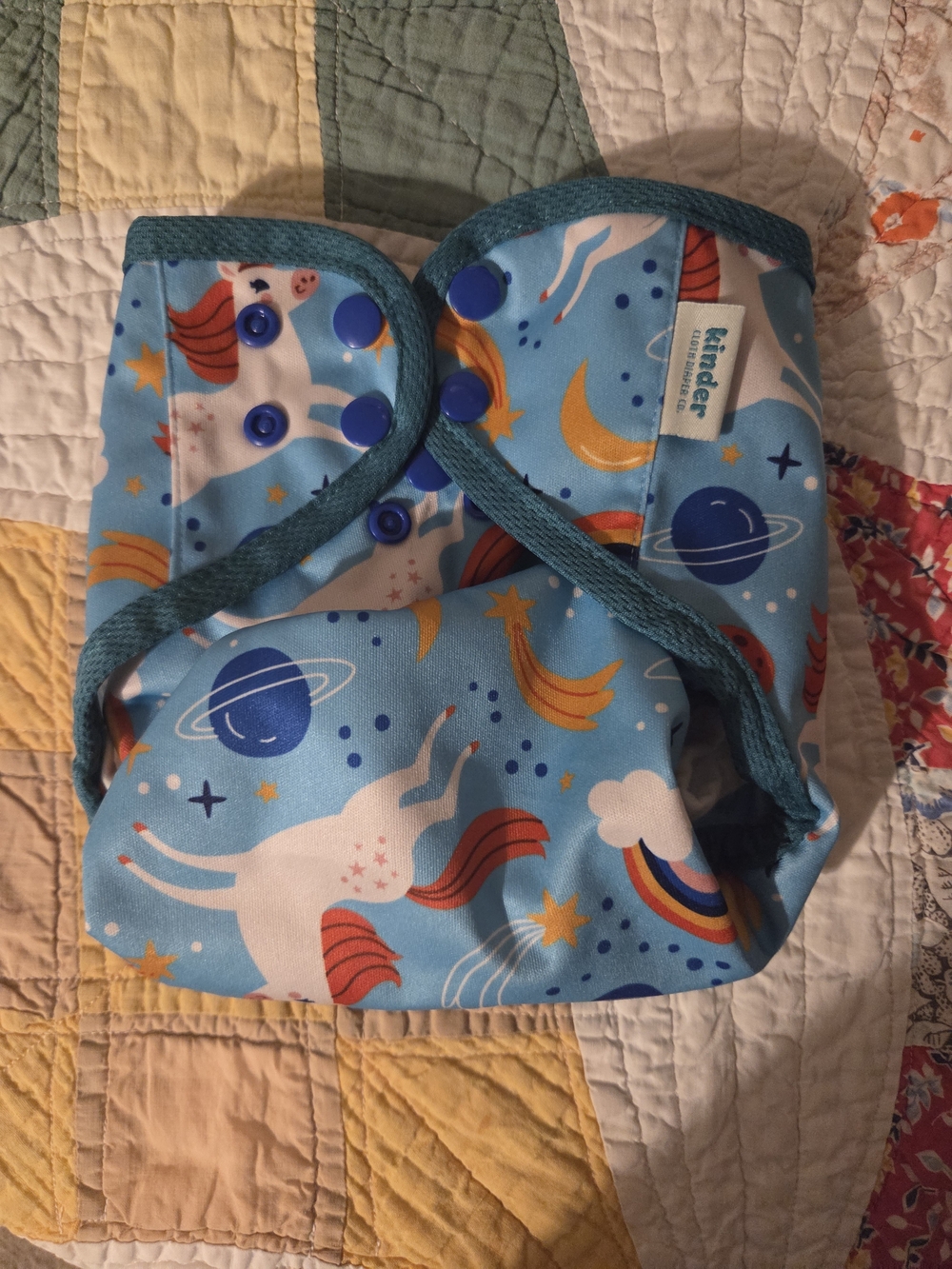Reusable Cloth Diaper By Kinder Light Blue Unicorn & Space Print Eco Friendly